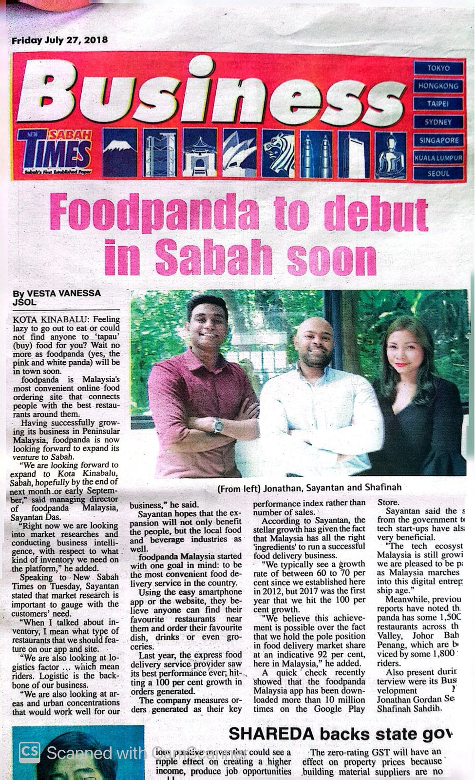 Newspaper feature about foodpanda debuting in Sabah with Shafinahwaty pictured
